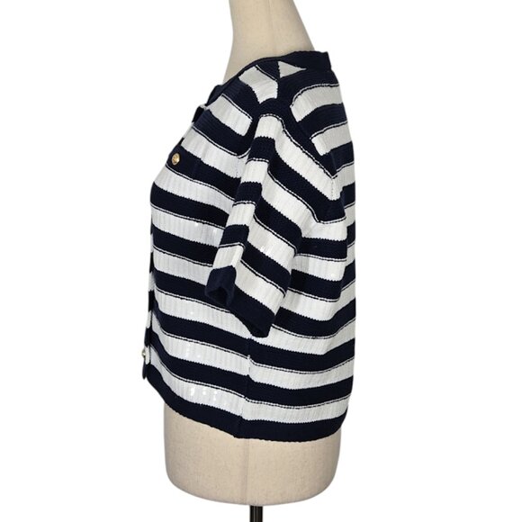 SAM EDELMAN Colleen Stripe Short Sleeve Cardigan knit blue Size Medium NWT - Picture 5 of 11